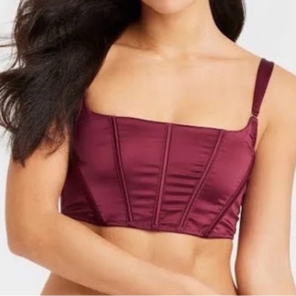 Gorgeous Burgundy Satin Square Neck Corset Crop Top